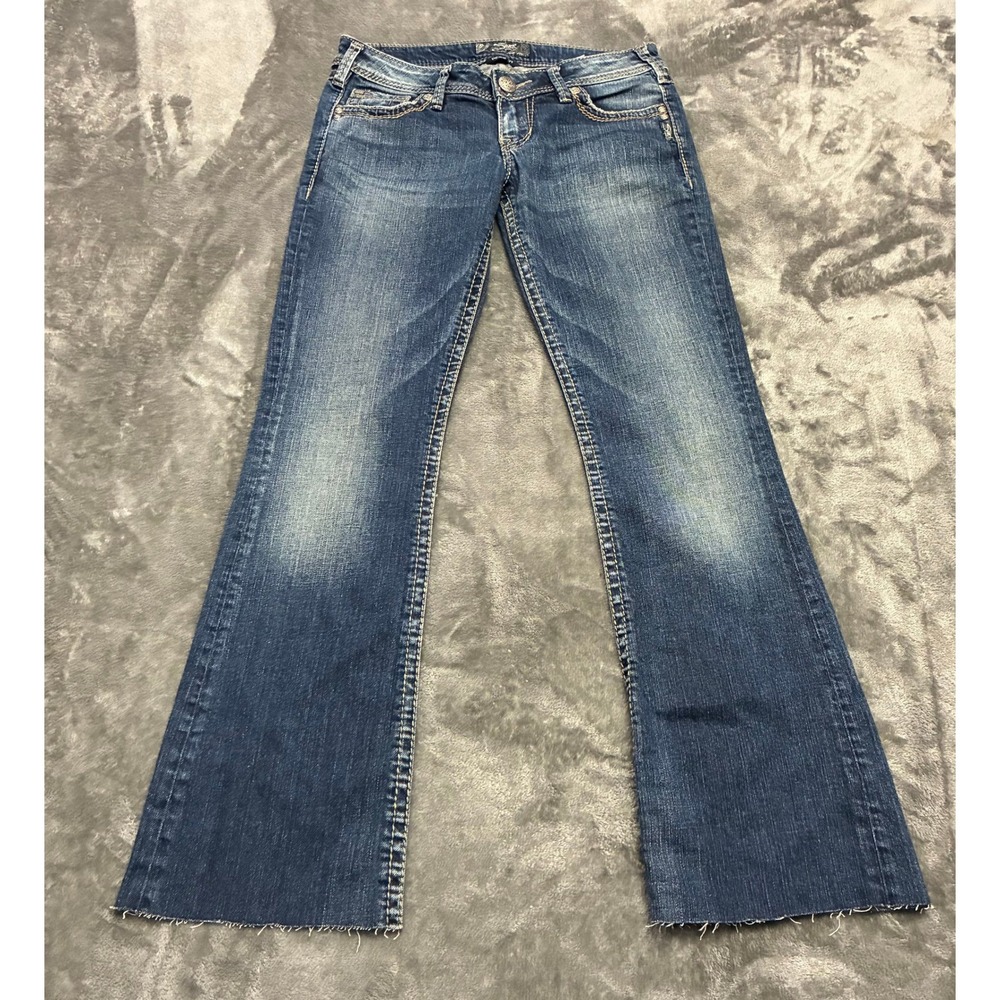 Silver Jeans Womens Sz.27 Blue Pioneer Low Rise Flare Raw Hem Embodied‎ Denim